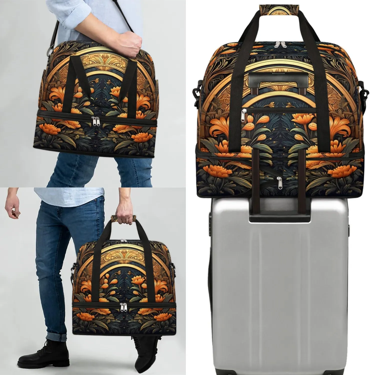 Delicate Flower Printings Retro Travel Duffle Bag, Collapsible Travel Bag Sports Gym Bag With Shoes Compartment Weekender Bag Overnight Bag For Women Men