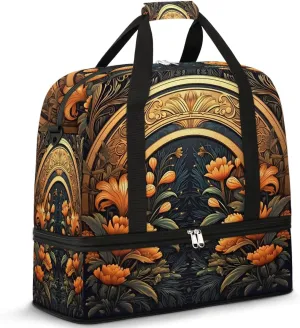 Delicate Flower Printings Retro Travel Duffle Bag, Collapsible Travel Bag Sports Gym Bag With Shoes Compartment Weekender Bag Overnight Bag For Women Men