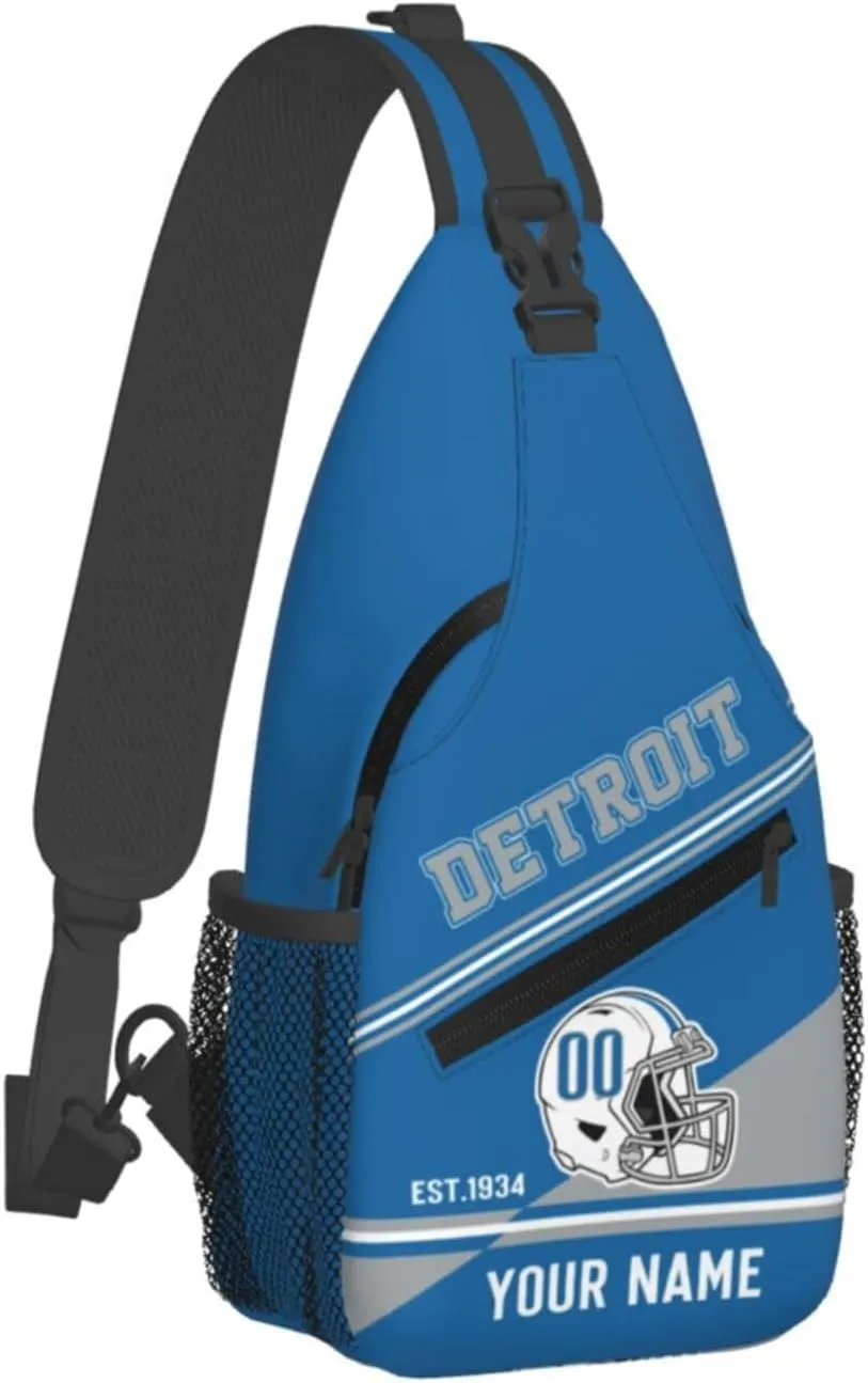 Detroit Sling Bag,Personalized Football Crossbody Bags,Custom Cross Chest Bag,Sling Shoulder Backpack,Chest Bag Travel Daypack for Men Women Football Fans