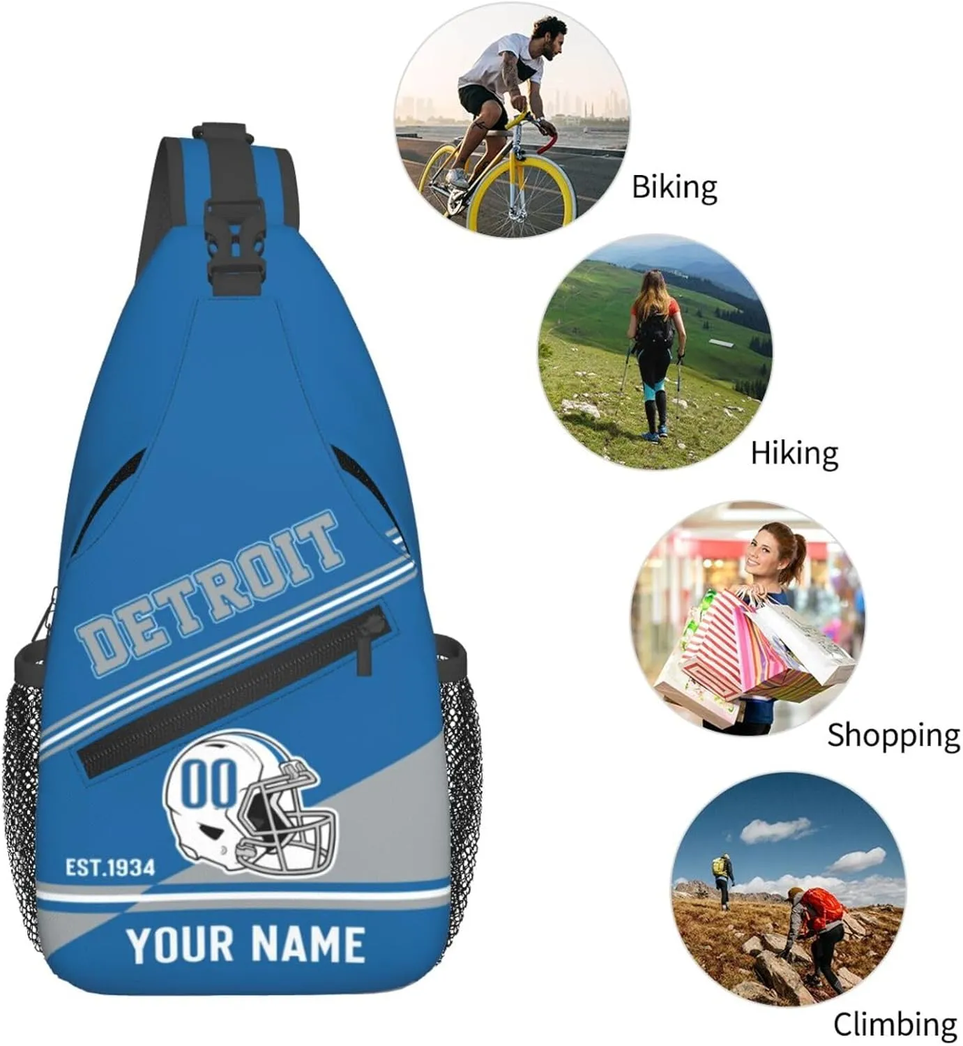 Detroit Sling Bag,Personalized Football Crossbody Bags,Custom Cross Chest Bag,Sling Shoulder Backpack,Chest Bag Travel Daypack for Men Women Football Fans