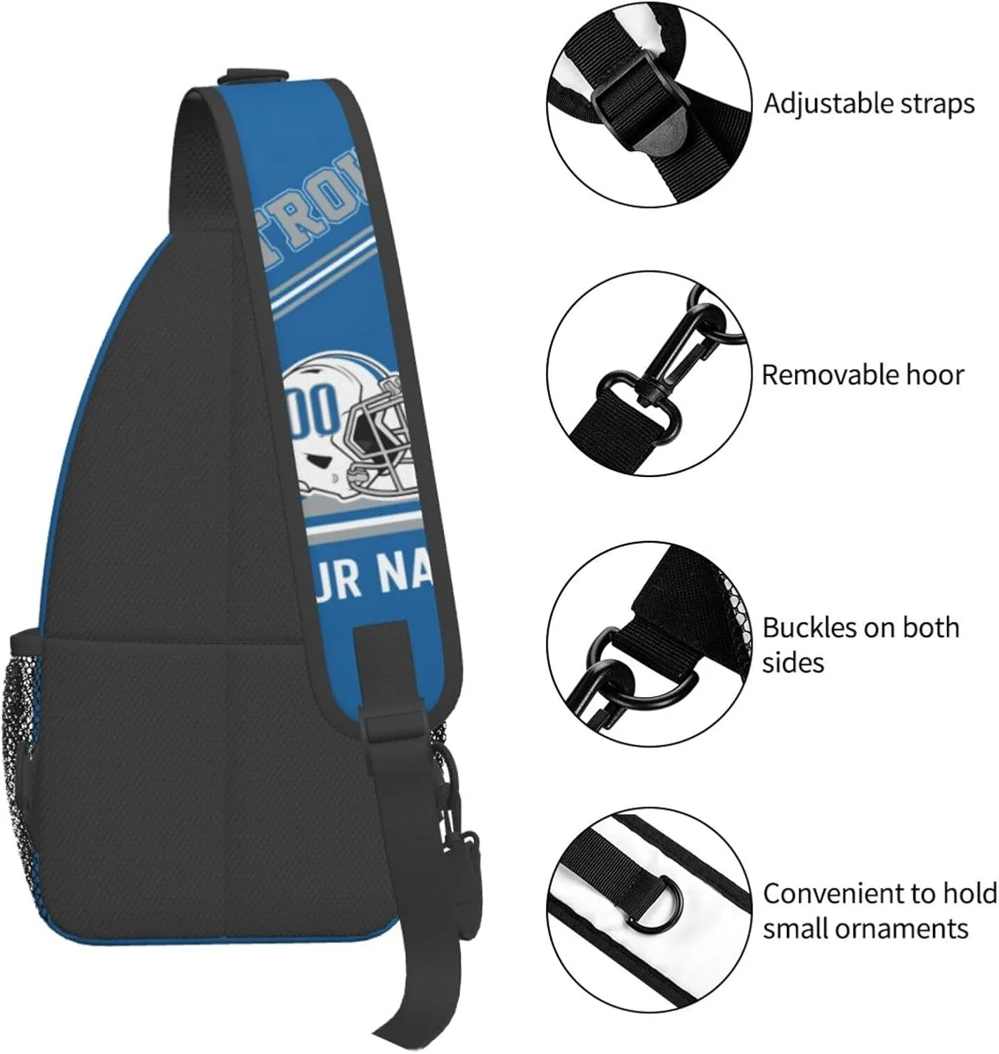 Detroit Sling Bag,Personalized Football Crossbody Bags,Custom Cross Chest Bag,Sling Shoulder Backpack,Chest Bag Travel Daypack for Men Women Football Fans