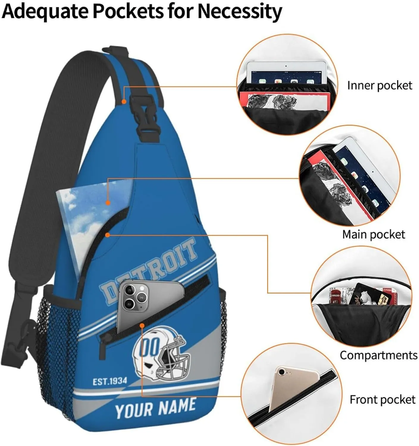 Detroit Sling Bag,Personalized Football Crossbody Bags,Custom Cross Chest Bag,Sling Shoulder Backpack,Chest Bag Travel Daypack for Men Women Football Fans