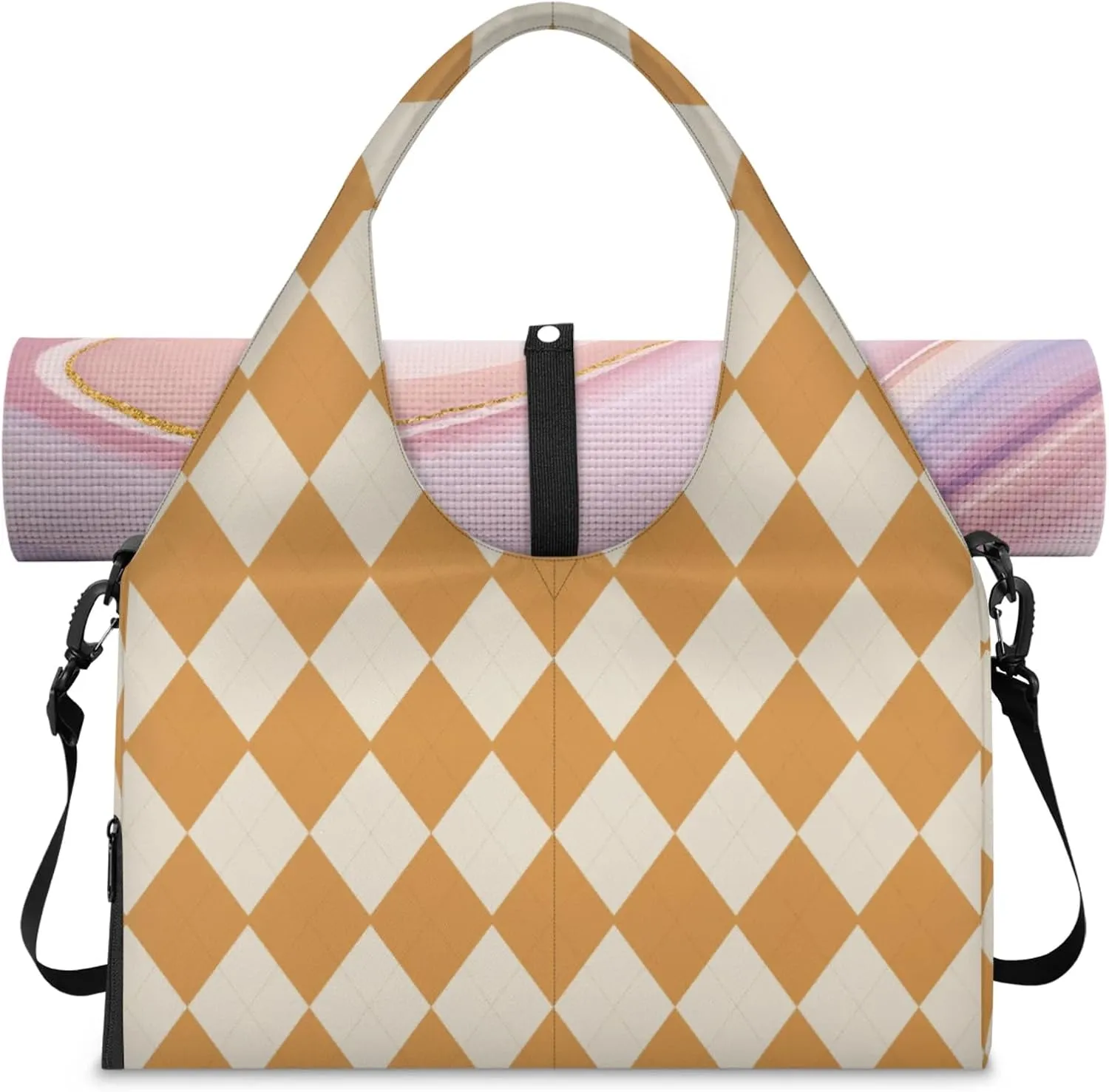 Diamonds Orange Pattern Gym Bag Yoga Mat Tote for Women with Shoes Compartment Lightweight Duffle Travel Carrier Wet Dry Storage Pockets Adjustable Pilates Mats Shoulder Bags for Sport Swim