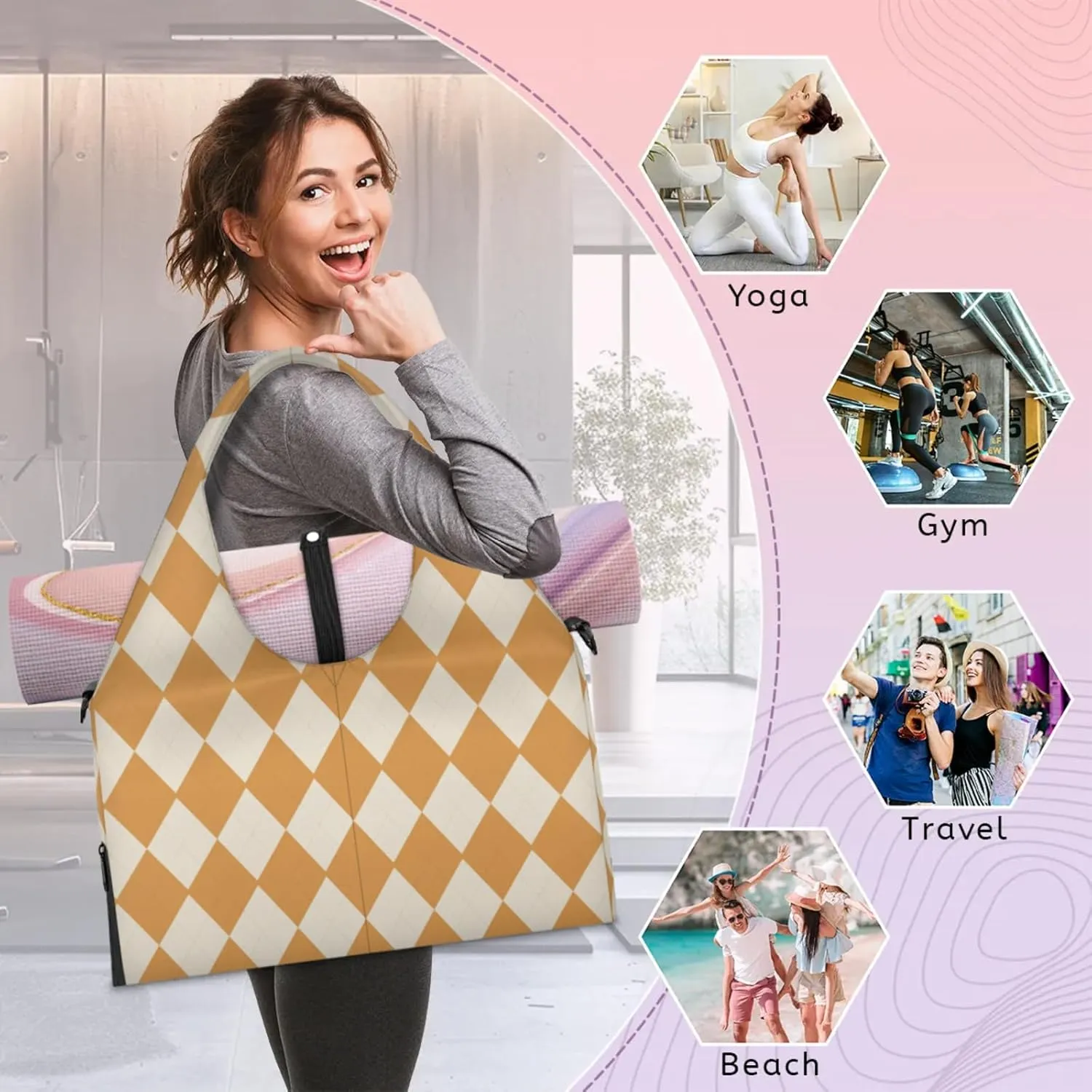 Diamonds Orange Pattern Gym Bag Yoga Mat Tote for Women with Shoes Compartment Lightweight Duffle Travel Carrier Wet Dry Storage Pockets Adjustable Pilates Mats Shoulder Bags for Sport Swim