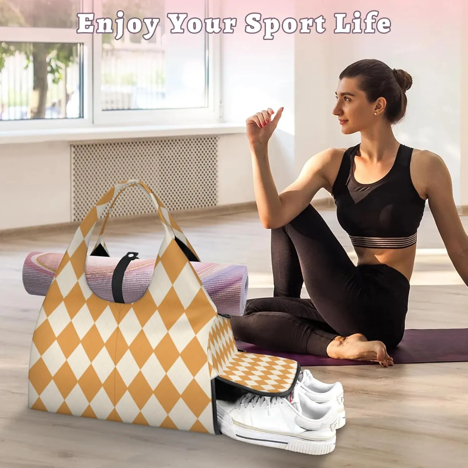 Diamonds Orange Pattern Gym Bag Yoga Mat Tote for Women with Shoes Compartment Lightweight Duffle Travel Carrier Wet Dry Storage Pockets Adjustable Pilates Mats Shoulder Bags for Sport Swim
