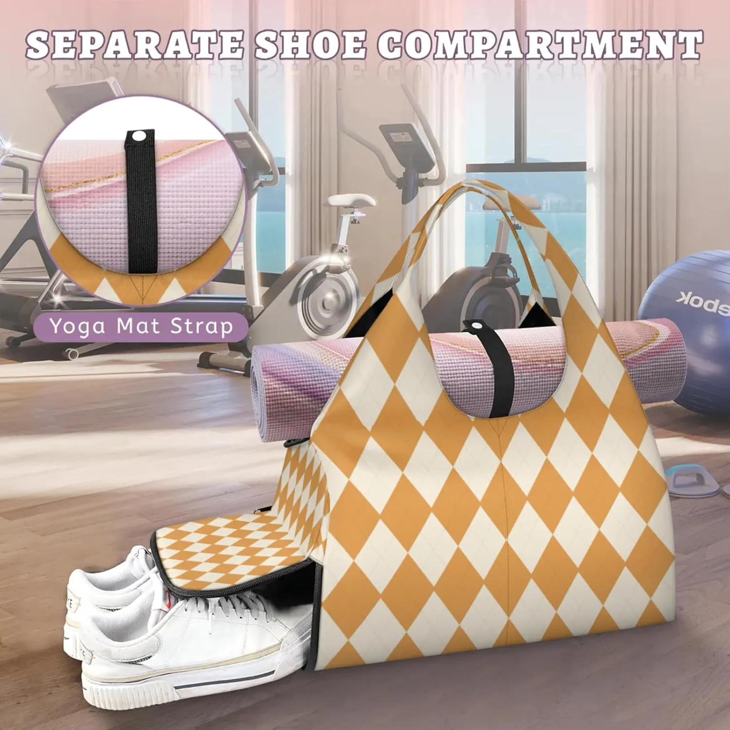 Diamonds Orange Pattern Gym Bag Yoga Mat Tote for Women with Shoes Compartment Lightweight Duffle Travel Carrier Wet Dry Storage Pockets Adjustable Pilates Mats Shoulder Bags for Sport Swim