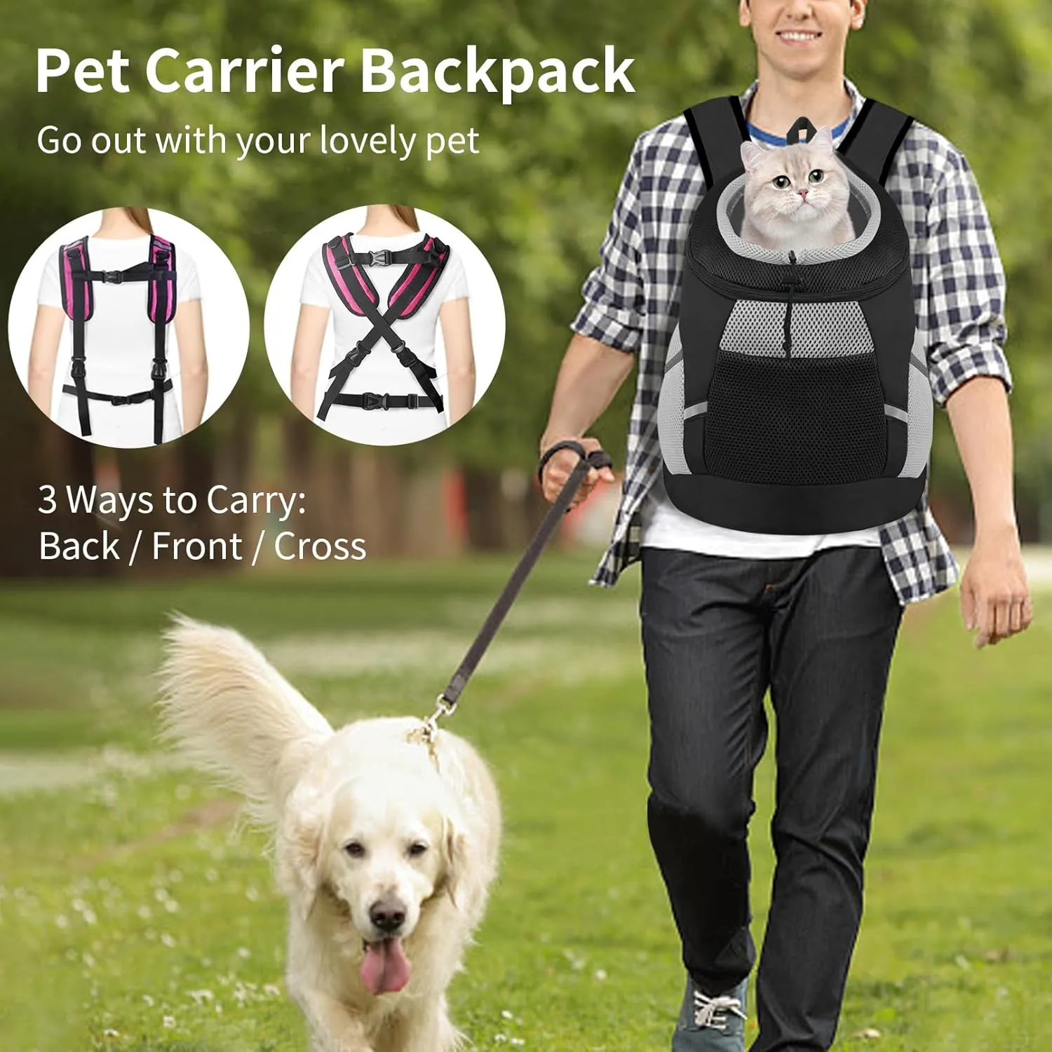 Dog Backpack Carrier, Front Chest Carrier for Cat Small Dogs, Pet Carrying Bag for Travel Hiking Cycling Outdoor Black S (Suggested Pet Height 7-10 in, 2-6 lbs)