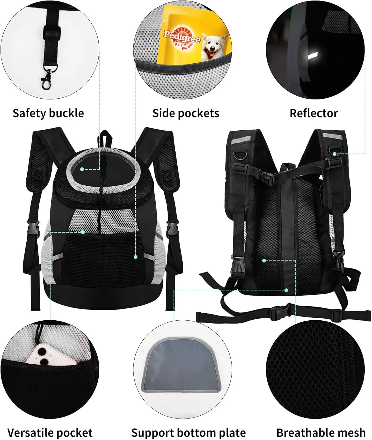 Dog Backpack Carrier, Front Chest Carrier for Cat Small Dogs, Pet Carrying Bag for Travel Hiking Cycling Outdoor Black S (Suggested Pet Height 7-10 in, 2-6 lbs)