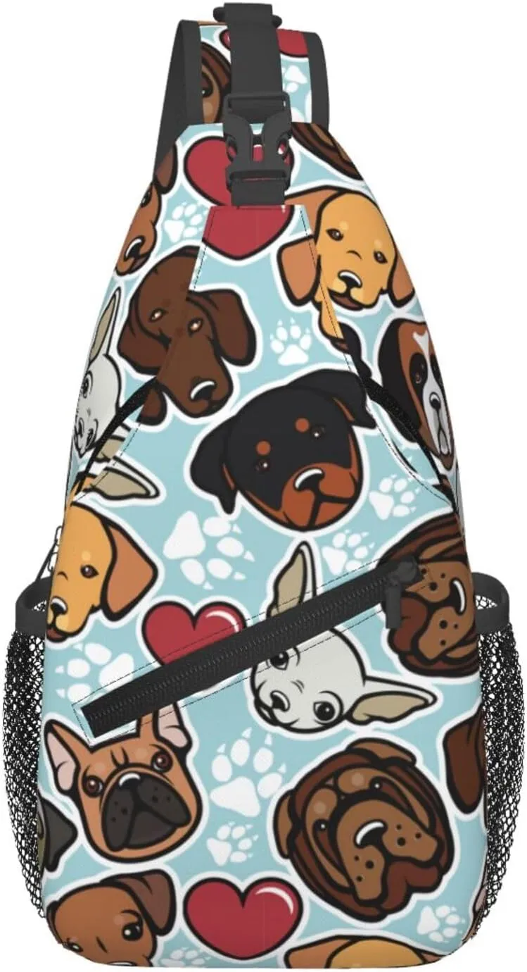 Dog Breed And Heart Chest Bag Pack Sling Backpack Chest Crossbody Shoulder Bag Casual Travel Hiking Daypack
