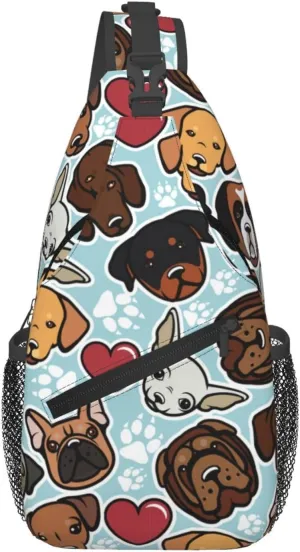 Dog Breed And Heart Chest Bag Pack Sling Backpack Chest Crossbody Shoulder Bag Casual Travel Hiking Daypack