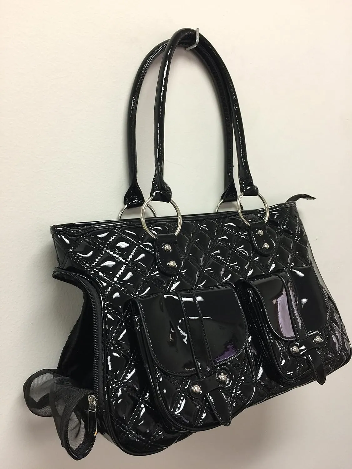 Dog Cat Faux-Leather Handbag Pet Carrier Tote 16" L x 10.5" H x 7" W Black