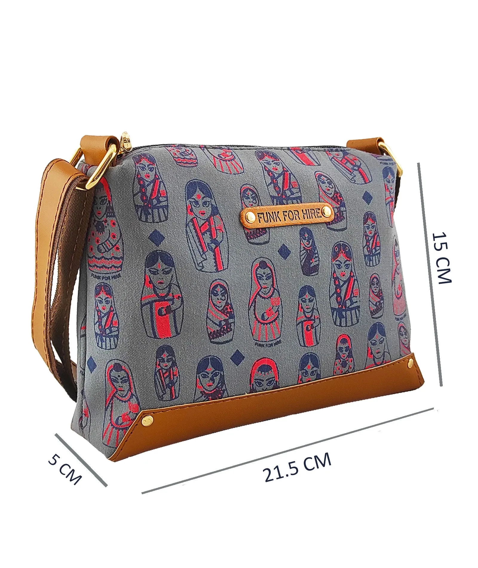 Doll  Printed Canvas Box Sling Bag Gray