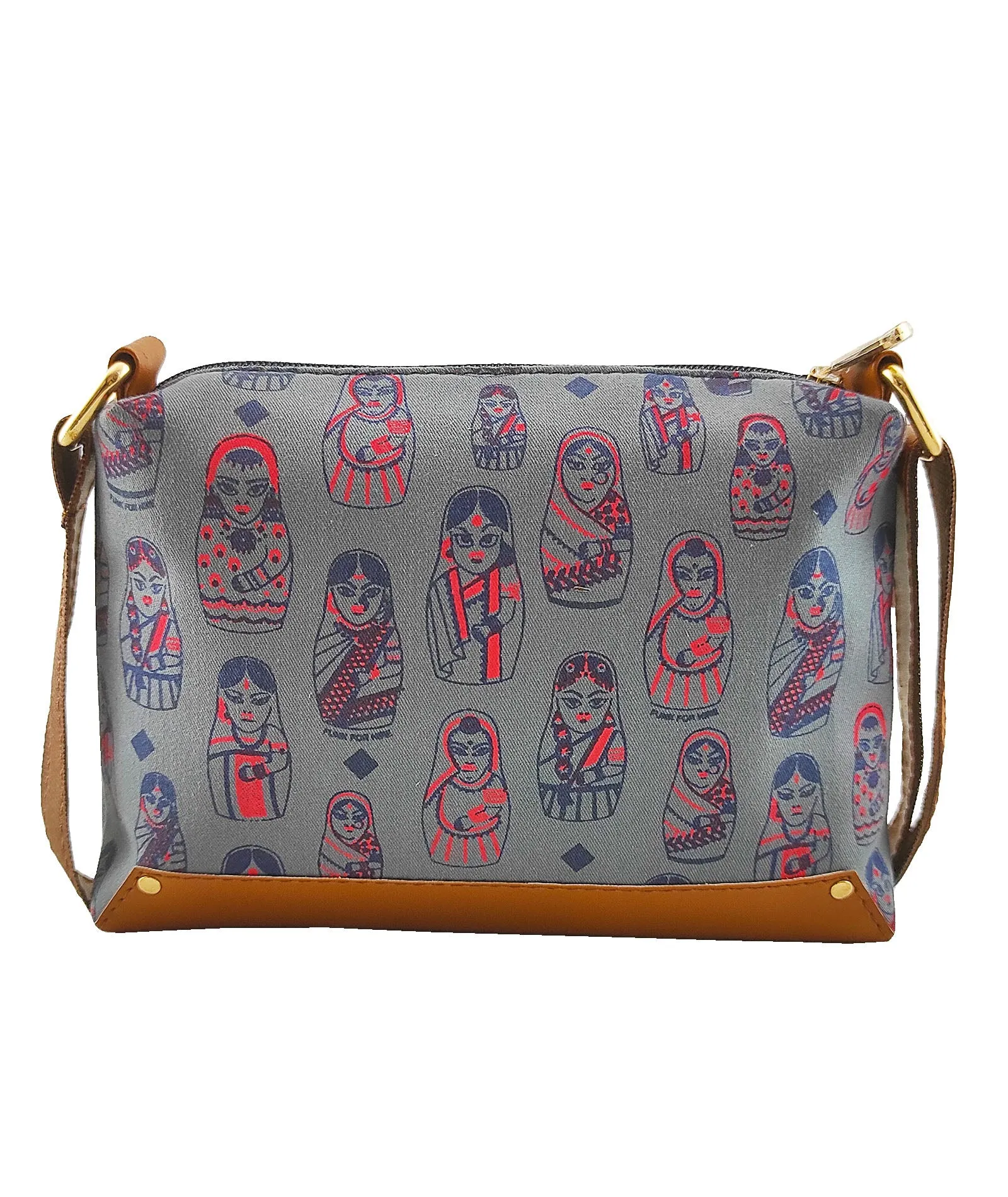 Doll  Printed Canvas Box Sling Bag Gray
