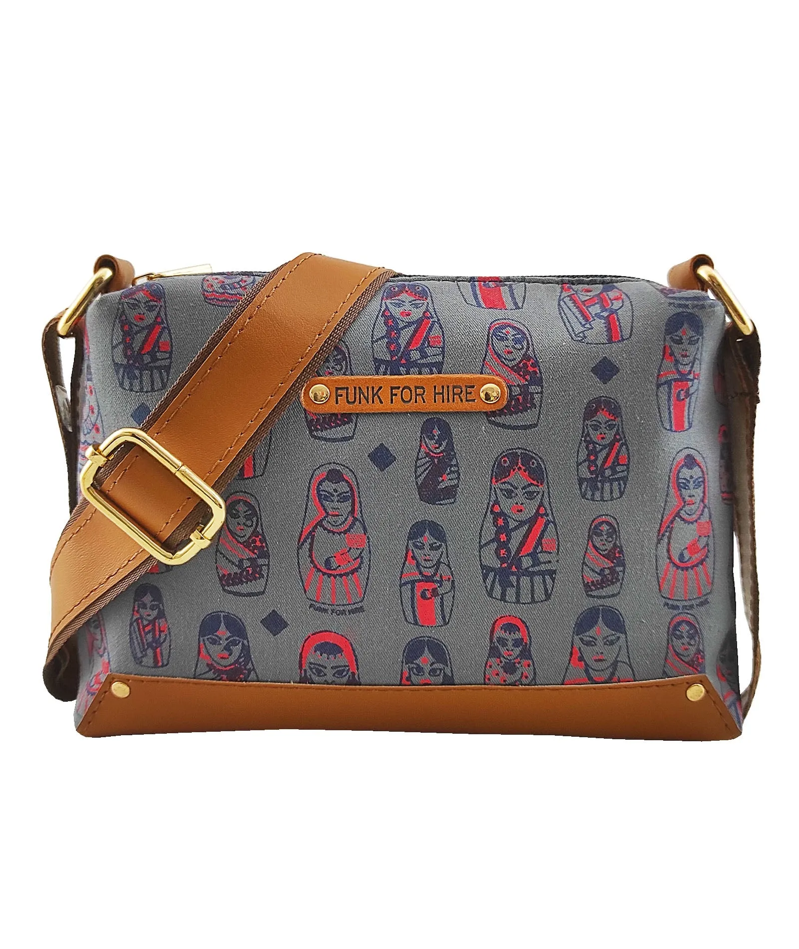 Doll  Printed Canvas Box Sling Bag Gray