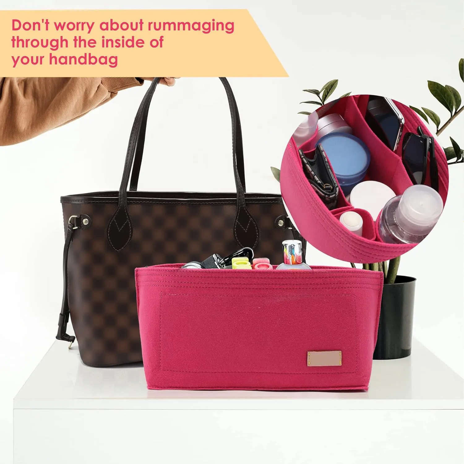 Doxo Purse Organizer Insert & Base Shaper 2pc Set, Felt Handbag & Tote Bag Fit L Speedy 35 Nererfull MM More(L-Rose)