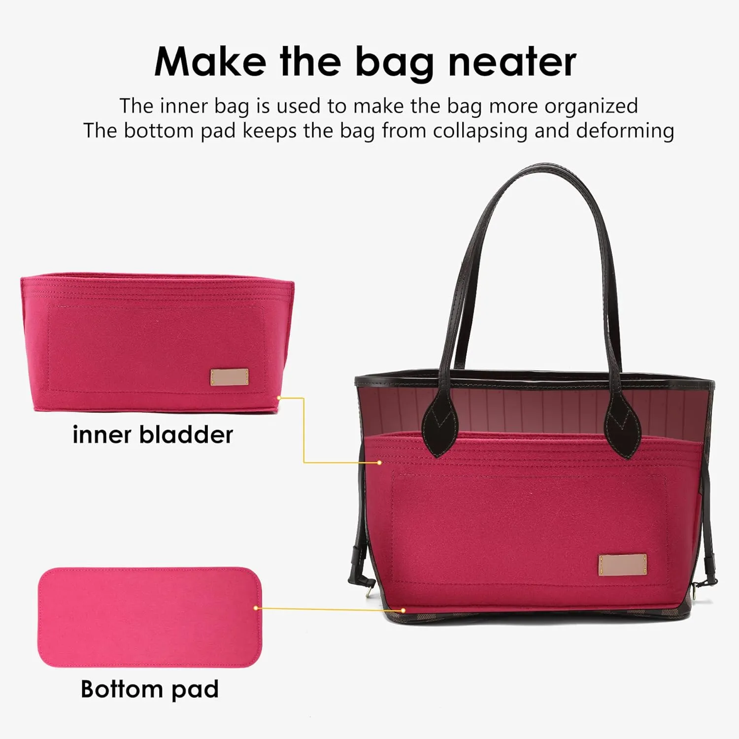 Doxo Purse Organizer Insert & Base Shaper 2pc Set, Felt Handbag & Tote Bag Fit L Speedy 35 Nererfull MM More(L-Rose)