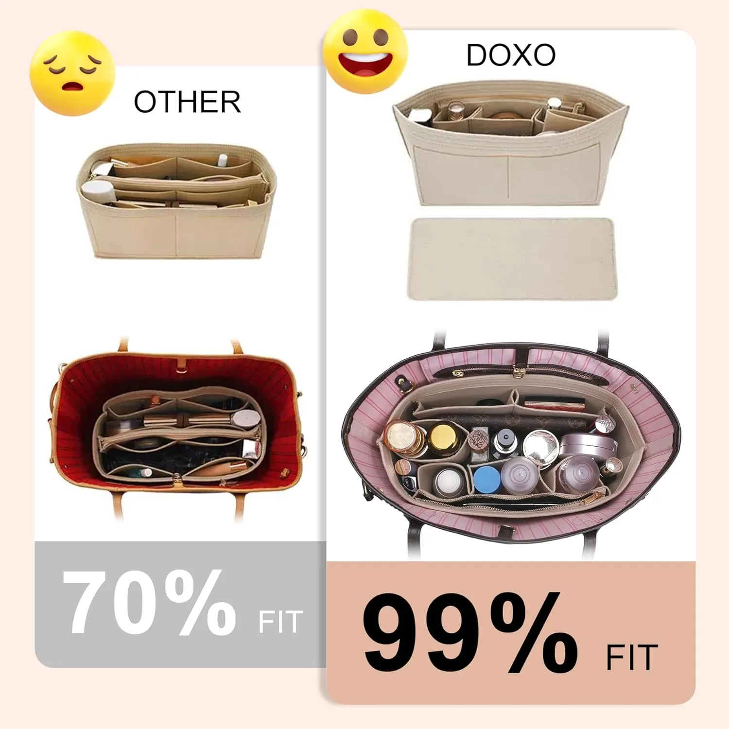Doxo Purse Organizer Insert for Handbags & Base Shaper 2pc Set,Felt Organizer Insert Large Tote,Bag Organizer with Zipper 7 Sizes,Fit Speedy Neverfull MM/City33 and More(Beige-L-Combination)