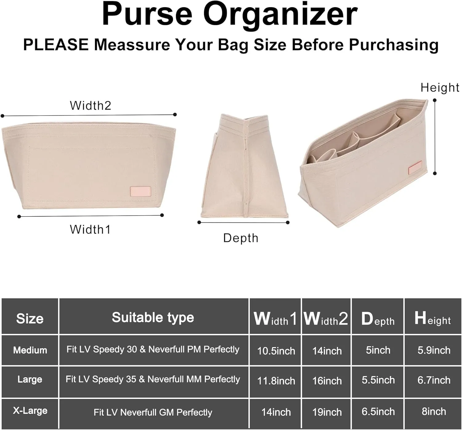 Doxo Purse Organizer Insert for Handbags & Base Shaper 2pc Set,Felt Organizer Insert Large Tote,Bag Organizer with Zipper 7 Sizes,Fit Speedy Neverfull MM/City33 and More(Beige-L-Combination)