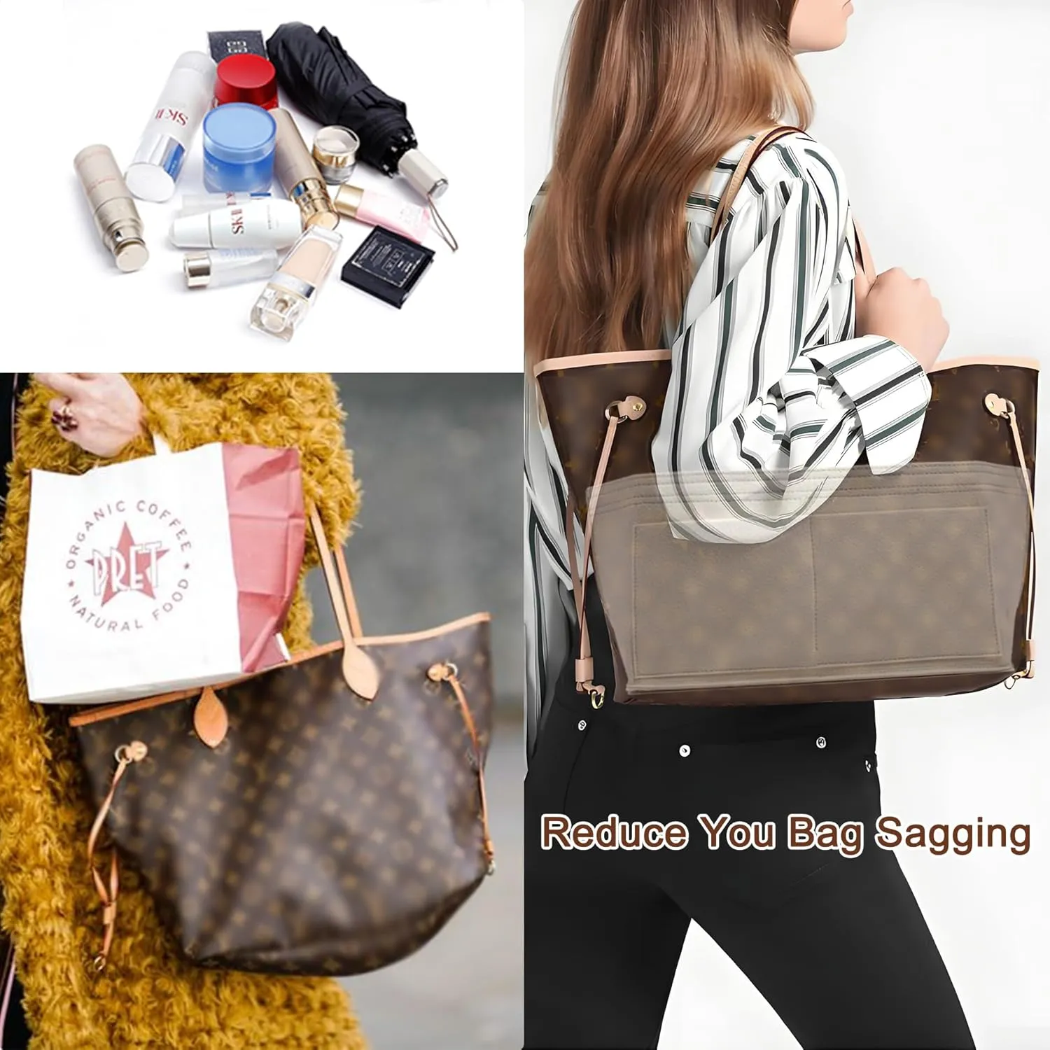 Doxo Purse Organizer Insert for Handbags & Base Shaper 2pc Set,Felt Organizer Insert Large Tote,Bag Organizer with Zipper 7 Sizes,Fit Speedy Neverfull MM/City33 and More(Beige-L-Combination)