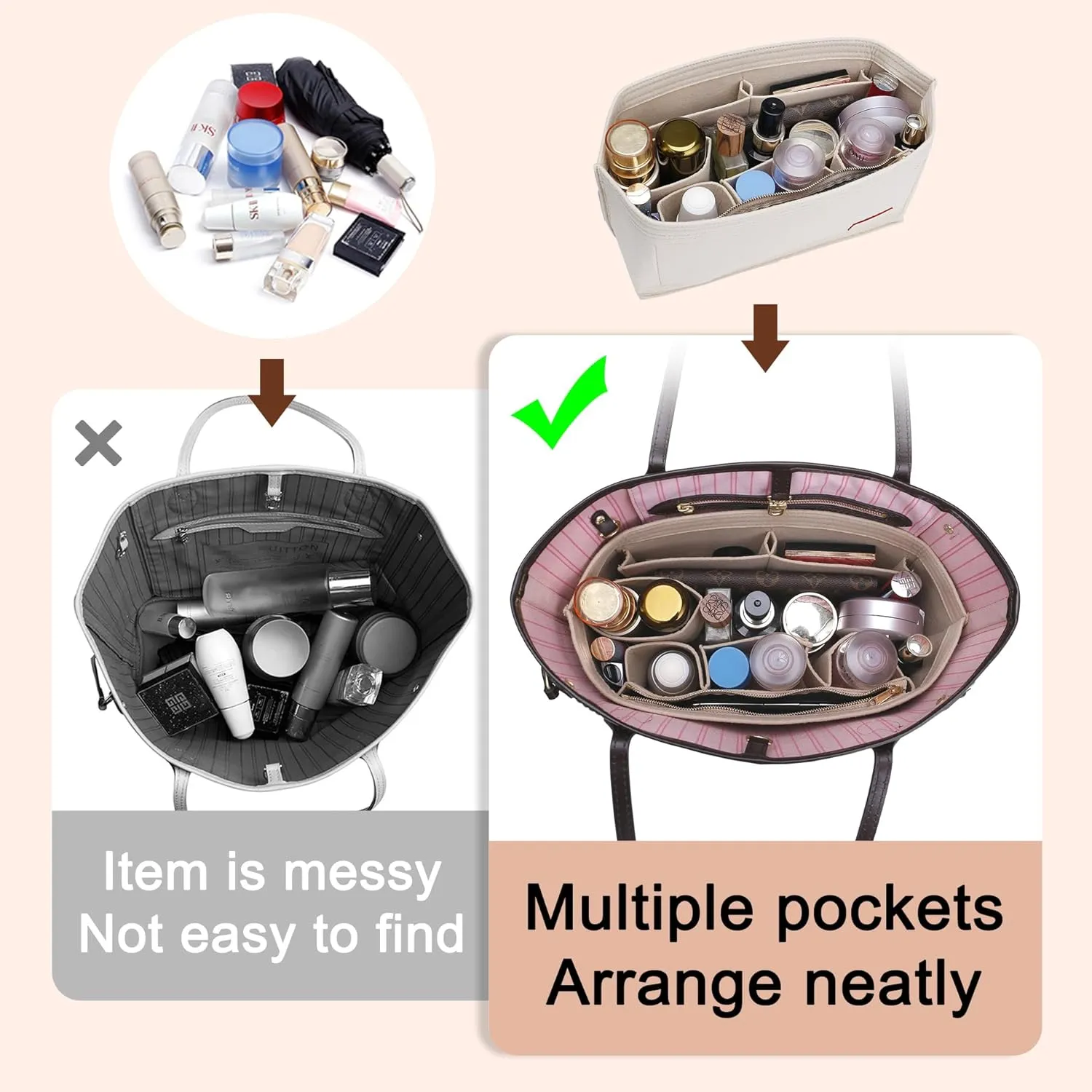 Doxo Purse Organizer Insert for Handbags & Base Shaper 2pc Set,Felt Organizer Insert Large Tote,Bag Organizer with Zipper 7 Sizes,Fit Speedy Neverfull MM/City33 and More(Beige-L-Combination)
