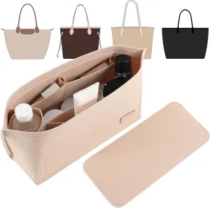 Doxo Purse Organizer Insert for Handbags & Base Shaper 2pc Set,Felt Organizer Insert Large Tote,Bag Organizer with Zipper 7 Sizes,Fit Speedy Neverfull MM/City33 and More(Beige-L-Combination)
