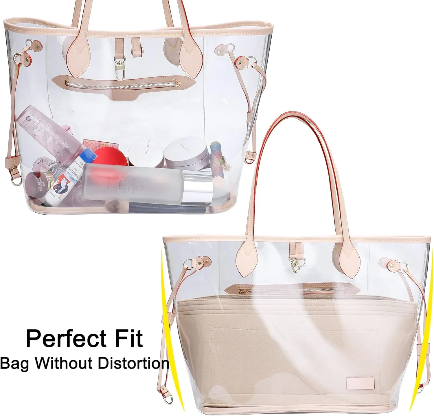 Doxo Purse Organizer Insert for Handbags & Base Shaper 2pc Set,Felt Organizer Insert Large Tote,Bag Organizer with Zipper 7 Sizes,Fit Speedy Neverfull MM/City33 and More(Beige-L-Combination)