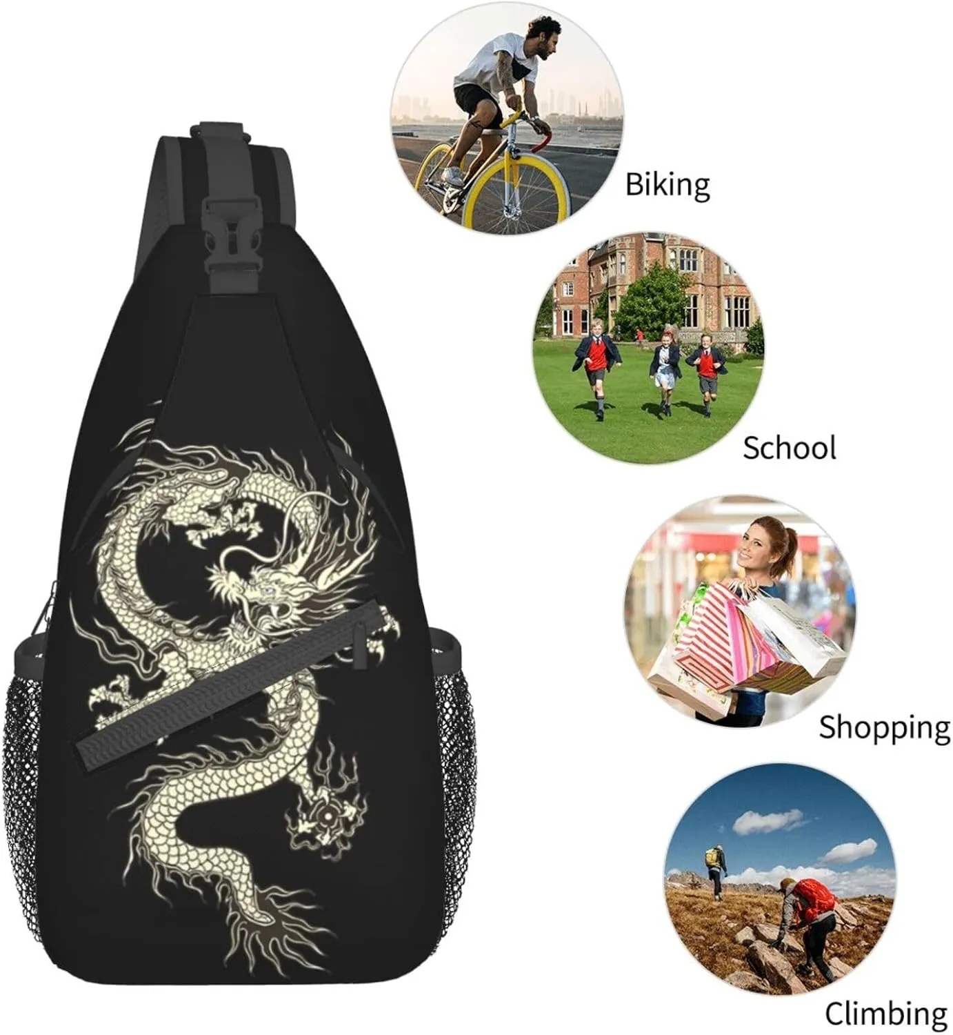 Dragon Shoulder Bag Mens Sling Backpack Daypack Casual Backpack Hiking Bag Cool Backpack Bag