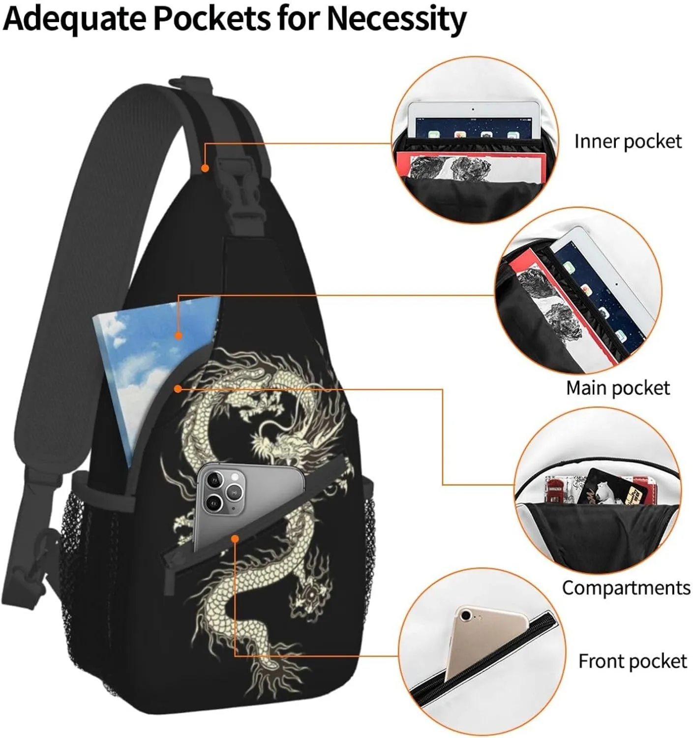 Dragon Shoulder Bag Mens Sling Backpack Daypack Casual Backpack Hiking Bag Cool Backpack Bag