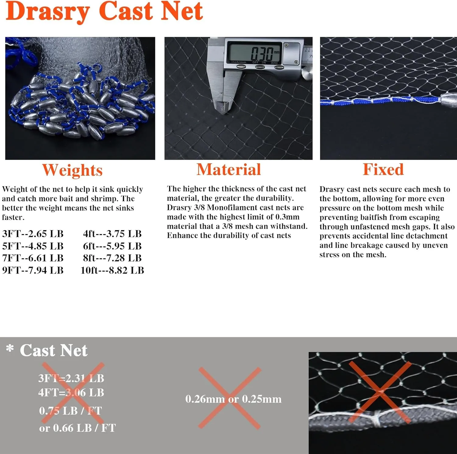 Drasry Saltwater Fishing Cast Net for Bait Trap with Heavy Sinkers Fish Throw Net. Size 3ft/4ft/5ft/6ft/7ft/8ft/9ft/10ft Radius Freshwater Nets