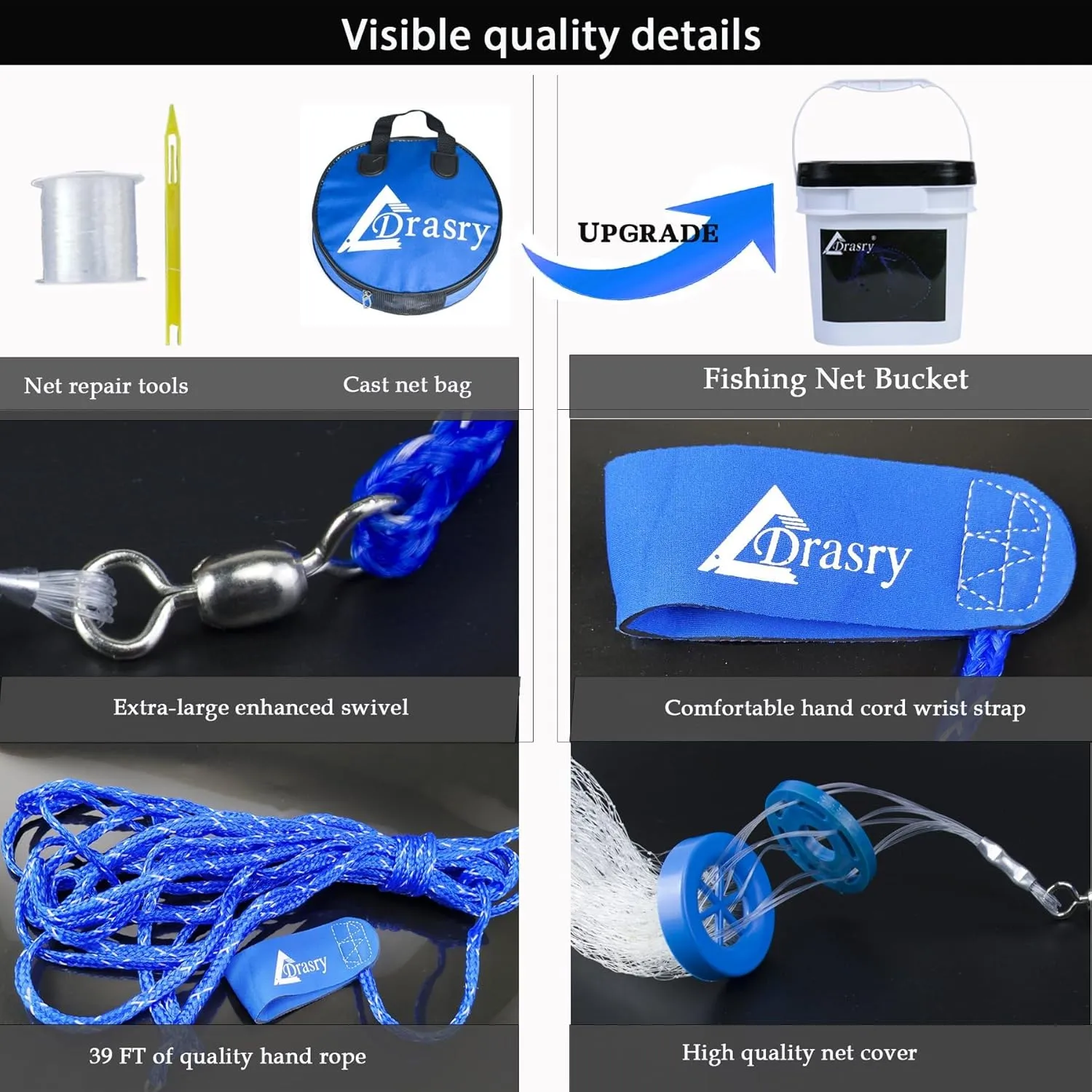 Drasry Saltwater Fishing Cast Net for Bait Trap with Heavy Sinkers Fish Throw Net. Size 3ft/4ft/5ft/6ft/7ft/8ft/9ft/10ft Radius Freshwater Nets