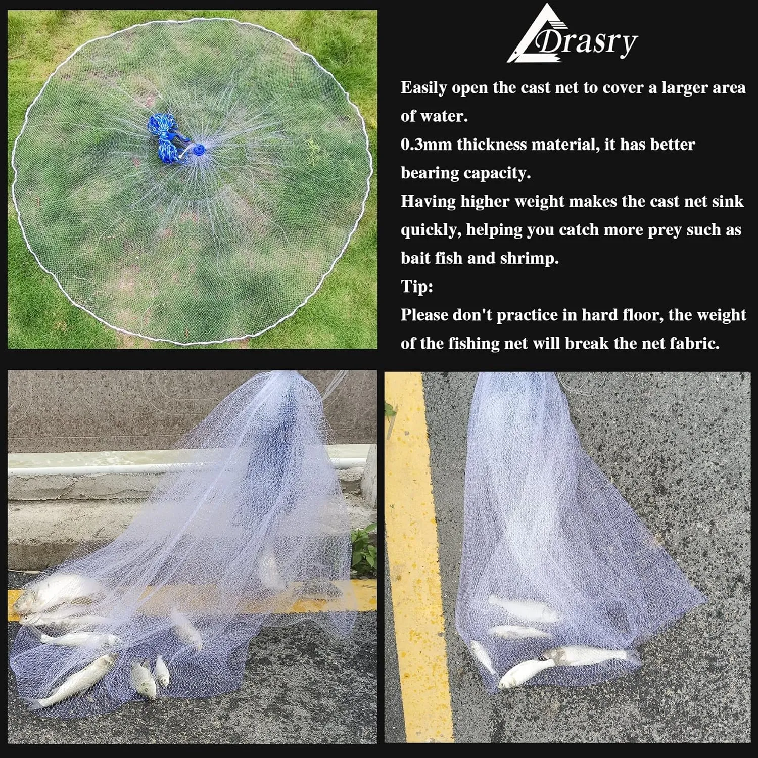 Drasry Saltwater Fishing Cast Net for Bait Trap with Heavy Sinkers Fish Throw Net. Size 3ft/4ft/5ft/6ft/7ft/8ft/9ft/10ft Radius Freshwater Nets
