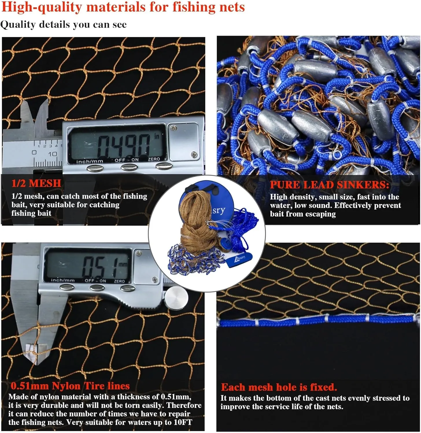 Drasry Saltwater Fishing Cast Net for Bait Trap with Heavy Sinkers Fish Throw Net. Size 3ft/4ft/5ft/6ft/7ft/8ft/9ft/10ft Radius Freshwater Nets