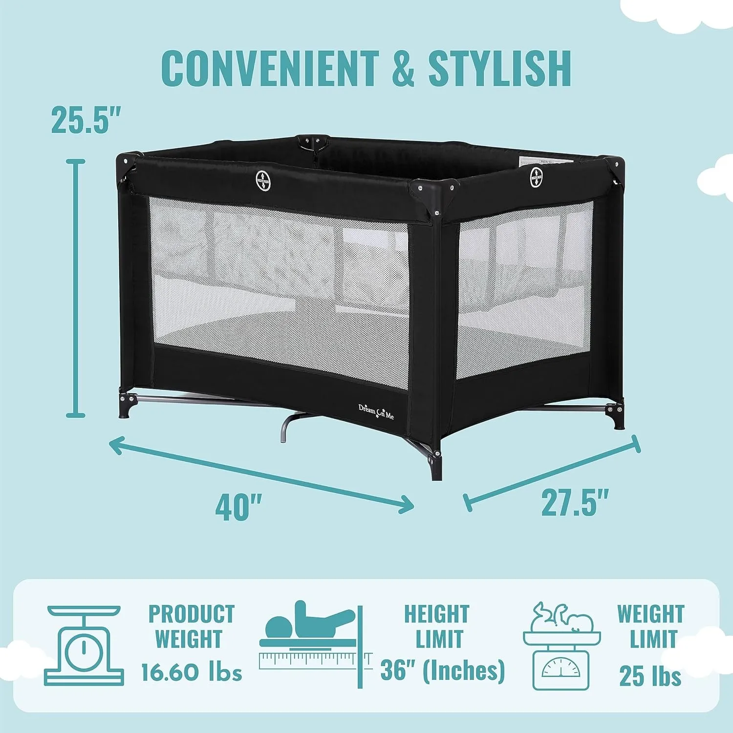 Dream On Me Zazzy Portable Playard with Bassinet in Black, Lightweight Packable and Easy Setup Baby Playard with Mattress and Travel Bag