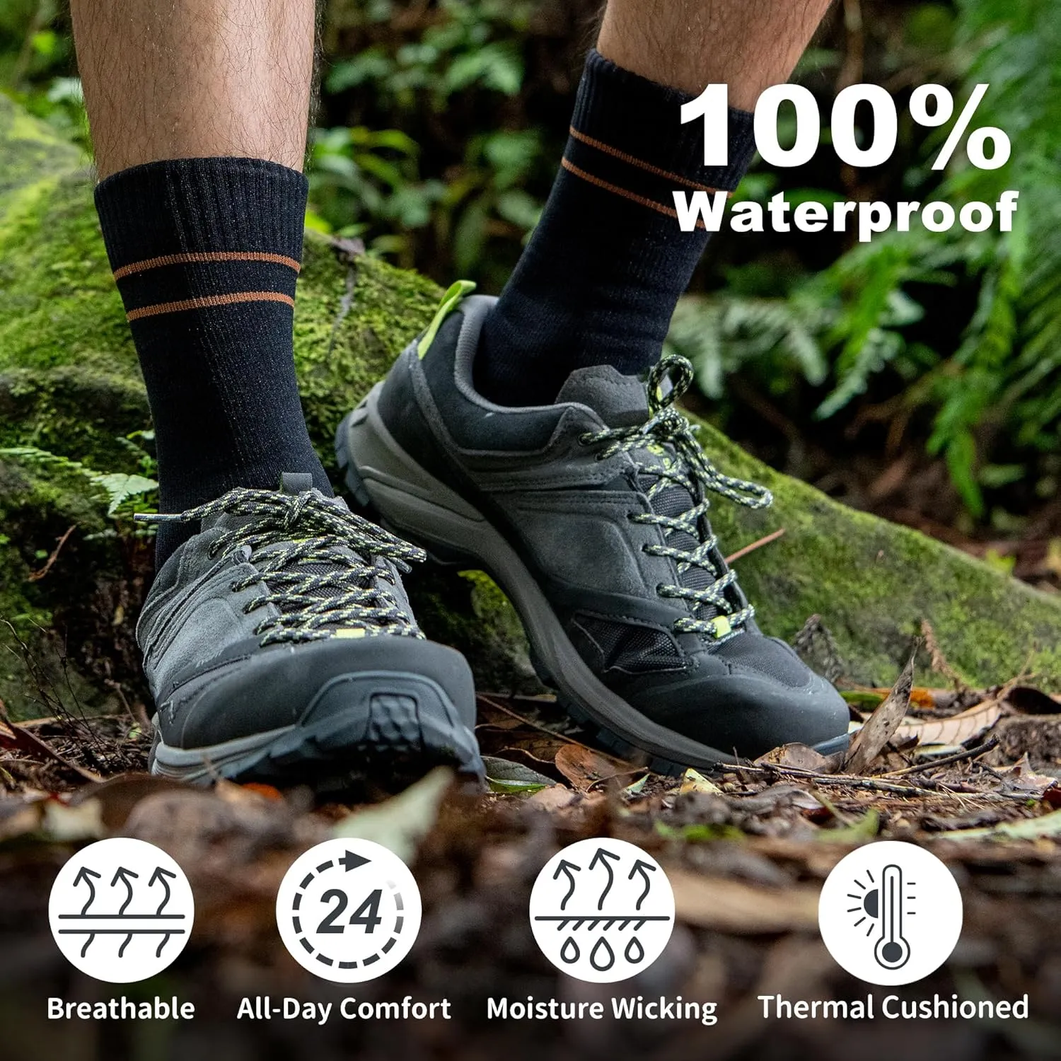 DRYMILE Mountain Waterproof Wool Socks, Winter Waterproof Socks for Wading, Camping, Hiking, Fishing, Skiing - Crew