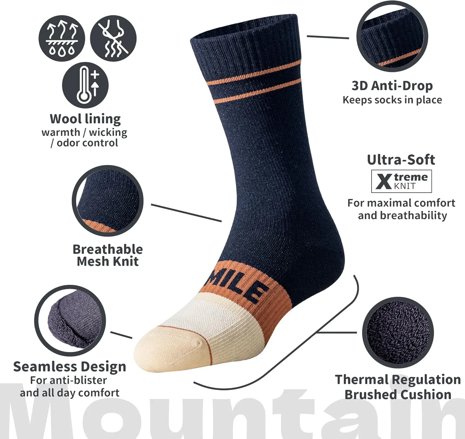 DRYMILE Mountain Waterproof Wool Socks, Winter Waterproof Socks for Wading, Camping, Hiking, Fishing, Skiing - Crew