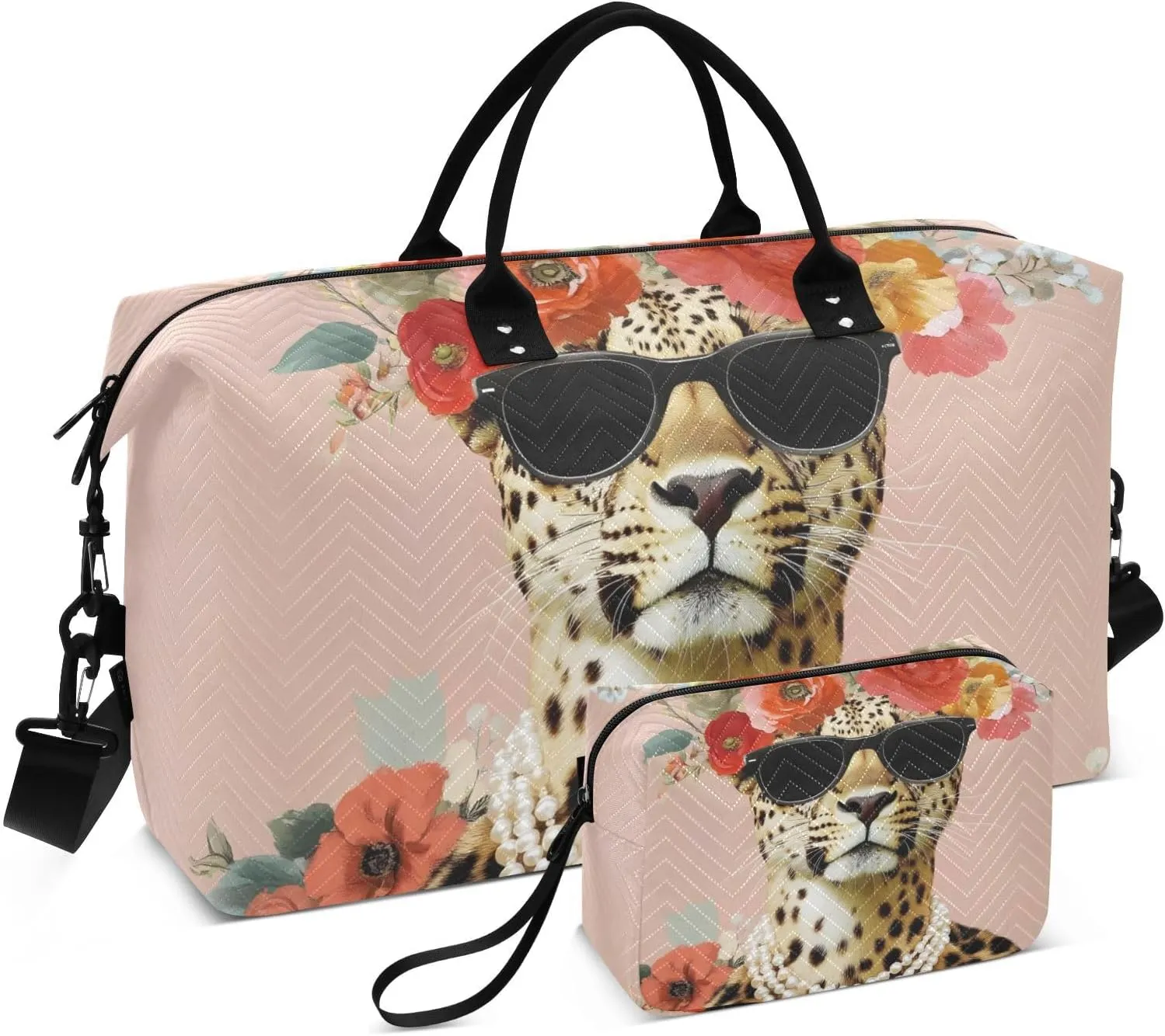 Duffel Bag for Traveling, Cute Leopard Garland Gym Bags with Multiple Interior Pockets for Women Men Toiletry Purse Included 20.5”x 1.9” x 13.8”