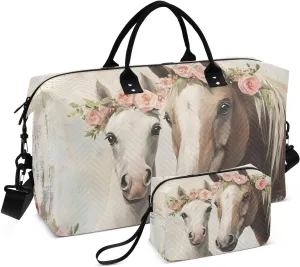Duffel Bag for Traveling, Horse Florals Retro Cute Gym Bags with Multiple Interior Pockets for Women Men Toiletry Purse Included 20.5”x 1.9” x 13.8”