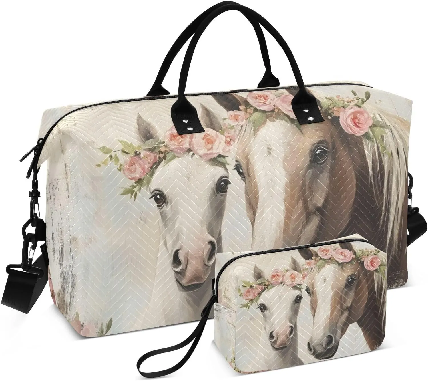 Duffel Bag for Traveling, Horse Florals Retro Cute Gym Bags with Multiple Interior Pockets for Women Men Toiletry Purse Included 20.5”x 1.9” x 13.8”