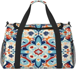Duffle Bag Mexican Ethnic Ceramic Tile Travel Duffel Bags for Men Women with Adjustable Strap Carry on Gym Bag Overnight Weekender Bag