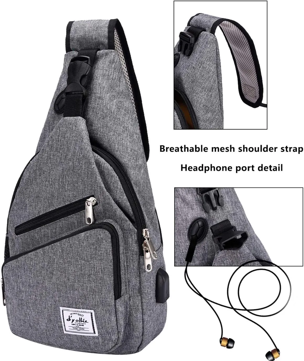 d'yallee 15.4" Sling Bag for Men Crossbody Shoulder Chest Bags Nylon for Travel Gym Sport Hiking with USB Charger Port …