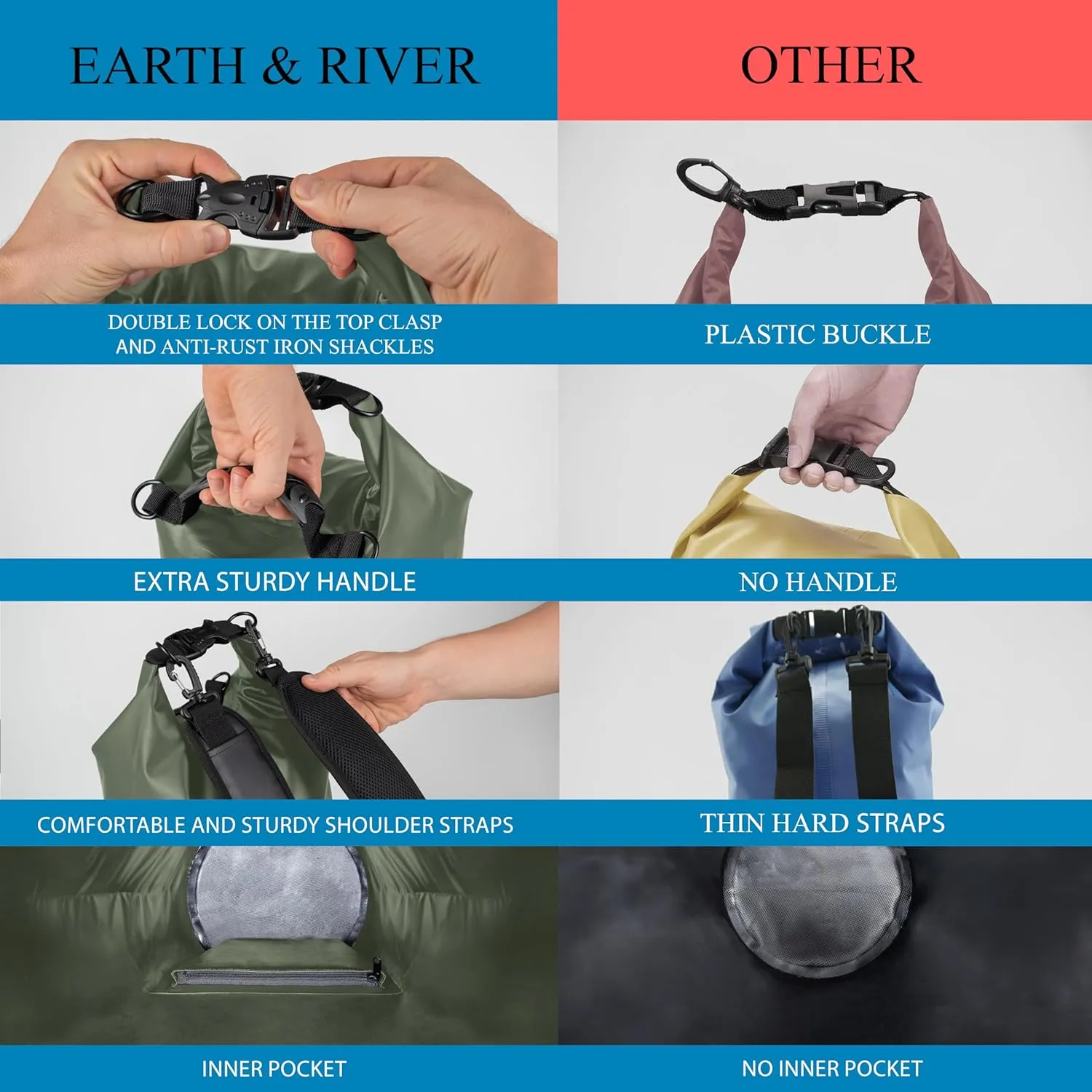 EARTH&RIVER Premium Dry Bag Backpack, Extra Thick, Protection for All Water Activities & Camping, Floating Lightweight Dry Bag with Inside Pocket Storage & IPX8 Waterproof Phone Case (Army Green, 40L)