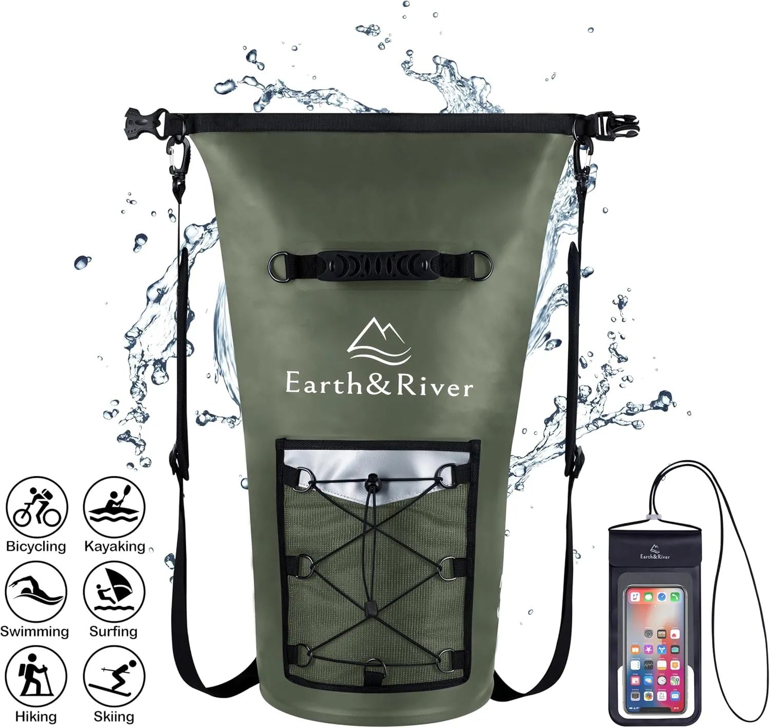 EARTH&RIVER Premium Dry Bag Backpack, Extra Thick, Protection for All Water Activities & Camping, Floating Lightweight Dry Bag with Inside Pocket Storage & IPX8 Waterproof Phone Case (Army Green, 40L)