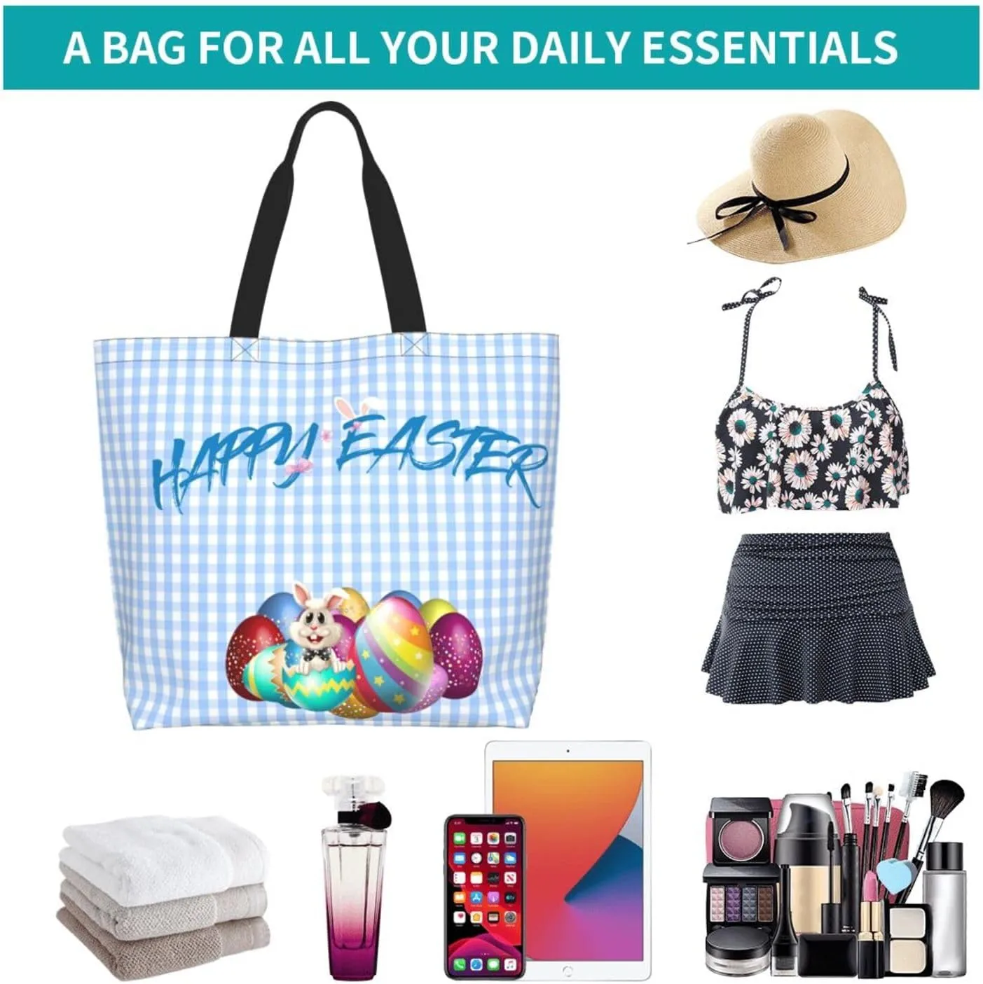 Easter Canvas Tote Bag Happy Easter Shoulder Bag Egg Casual Grocery Bags Easter Bags for Outdoor