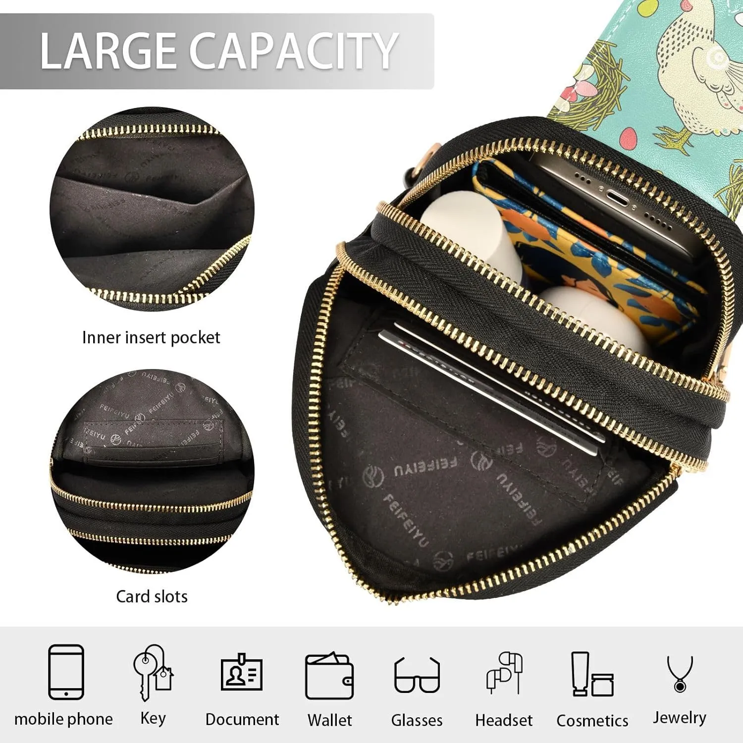 Easter Hen Pattern Trendy Crossbody Bag Fashion Waist Packs with Eggs Nest Cross Body Leather Chest Bag for Women Fanny Pack Travel Outdoor Crossbody Sling Bag
