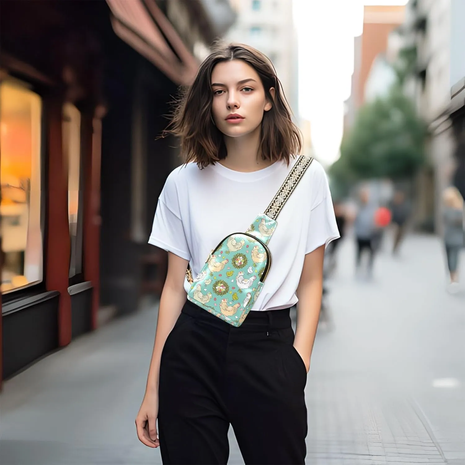 Easter Hen Pattern Trendy Crossbody Bag Fashion Waist Packs with Eggs Nest Cross Body Leather Chest Bag for Women Fanny Pack Travel Outdoor Crossbody Sling Bag