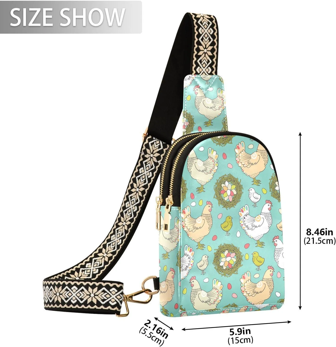 Easter Hen Pattern Trendy Crossbody Bag Fashion Waist Packs with Eggs Nest Cross Body Leather Chest Bag for Women Fanny Pack Travel Outdoor Crossbody Sling Bag