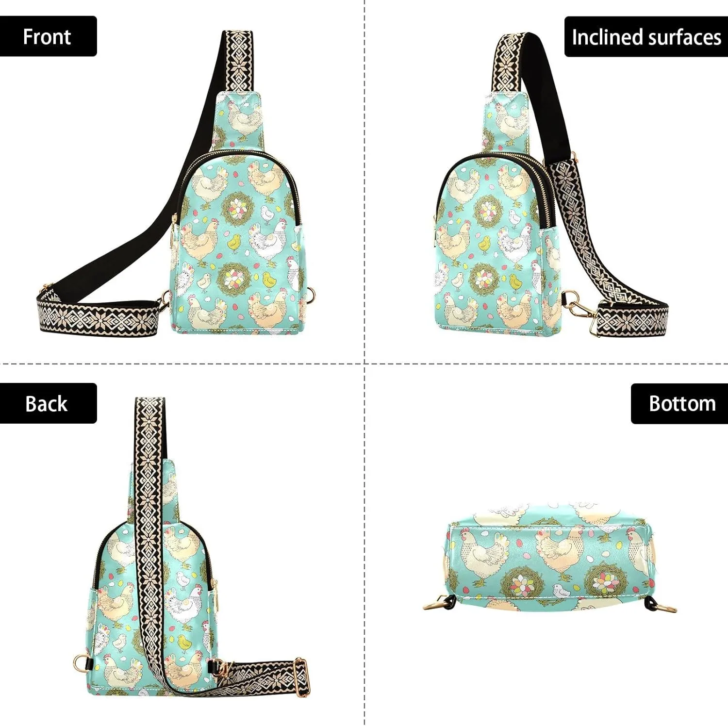 Easter Hen Pattern Trendy Crossbody Bag Fashion Waist Packs with Eggs Nest Cross Body Leather Chest Bag for Women Fanny Pack Travel Outdoor Crossbody Sling Bag