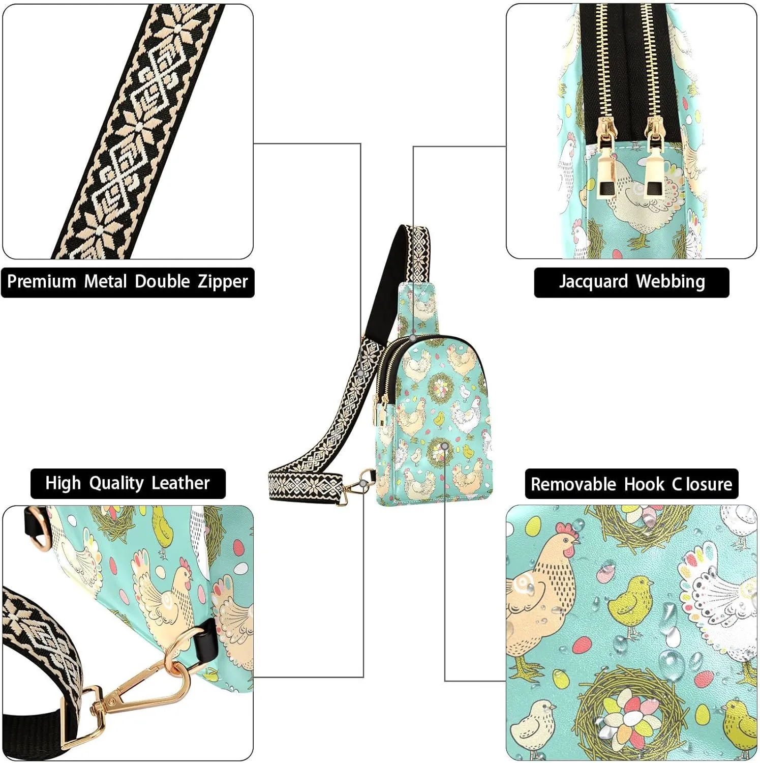 Easter Hen Pattern Trendy Crossbody Bag Fashion Waist Packs with Eggs Nest Cross Body Leather Chest Bag for Women Fanny Pack Travel Outdoor Crossbody Sling Bag