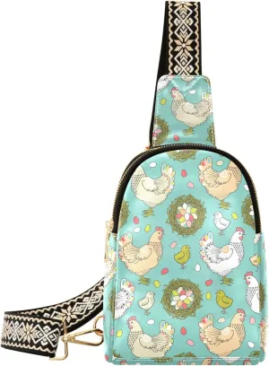 Easter Hen Pattern Trendy Crossbody Bag Fashion Waist Packs with Eggs Nest Cross Body Leather Chest Bag for Women Fanny Pack Travel Outdoor Crossbody Sling Bag