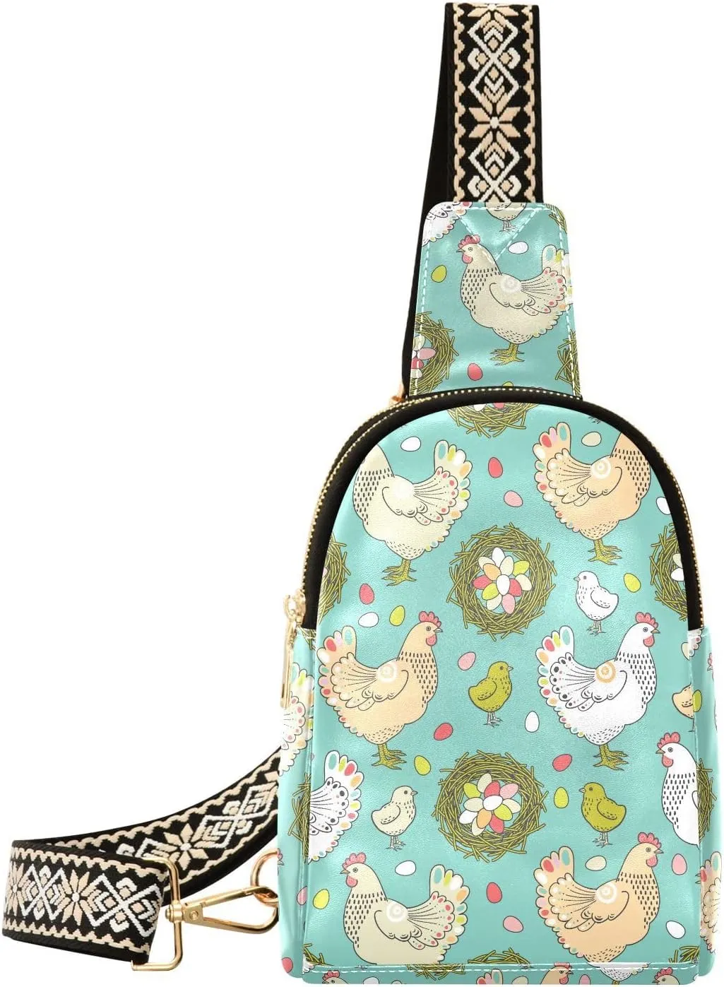 Easter Hen Pattern Trendy Crossbody Bag Fashion Waist Packs with Eggs Nest Cross Body Leather Chest Bag for Women Fanny Pack Travel Outdoor Crossbody Sling Bag
